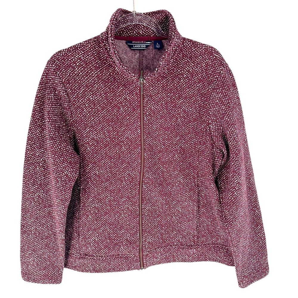 Lands End Jacket Womens Large Red White Full Zip Sweater Fleece Lined Mock Neck